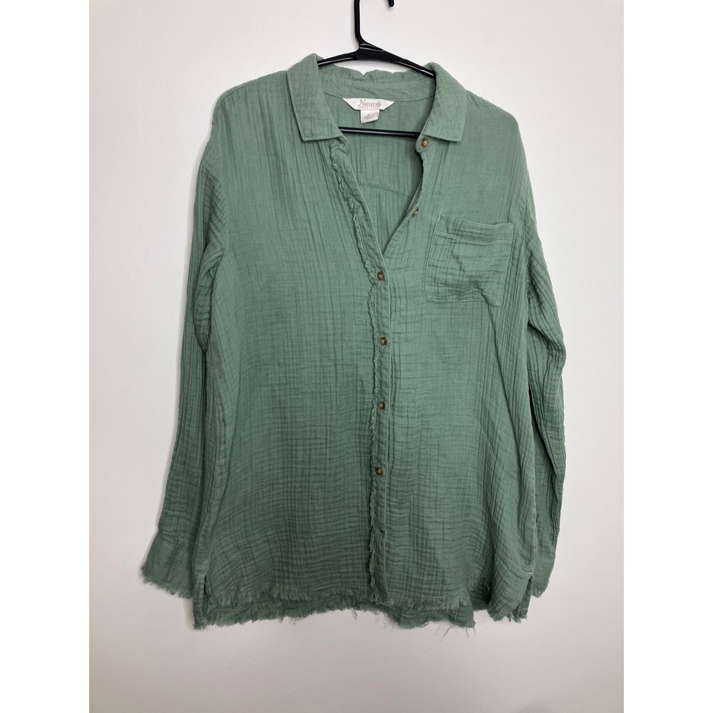 Natural Reflections Button Down Women M Green Excellent Frayed Cotton Gauze Top